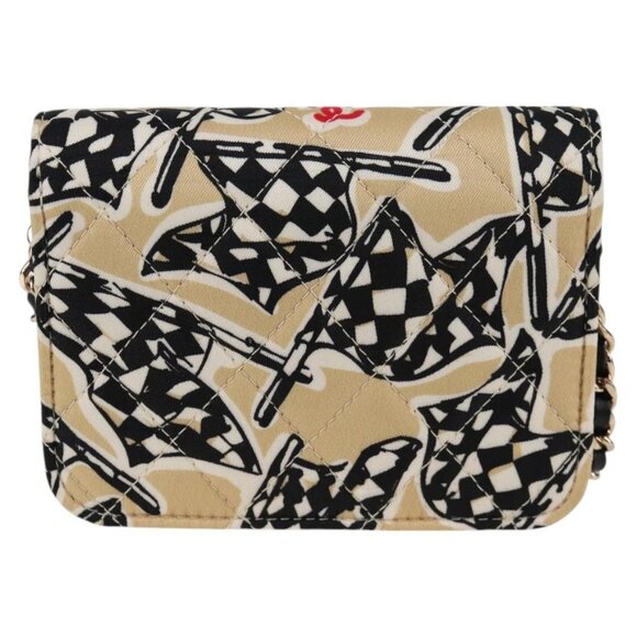 CHANEL Matelasse Checkered Flag Chain Shoulder Bag Nylon Beige CC Auth 125975M - Picture 3 of 16